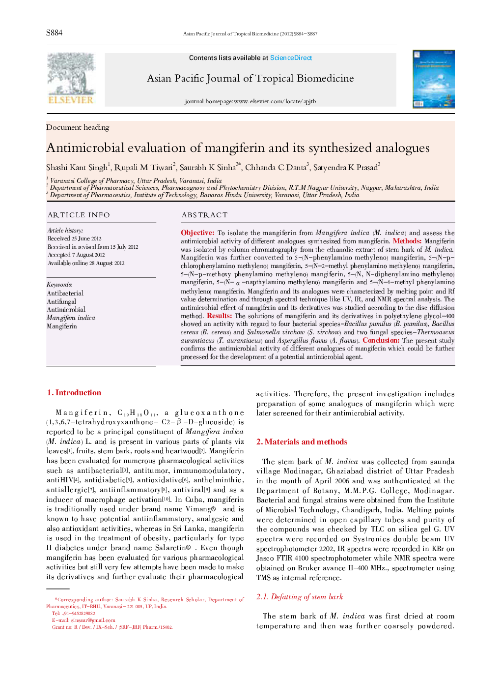 Antimicrobial evaluation of mangiferin and its synthesized analogues