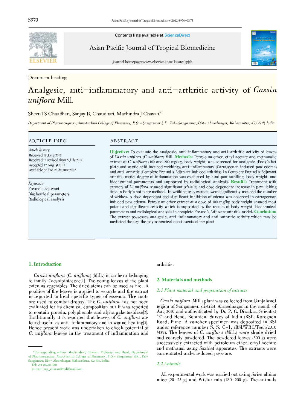 Analgesic, anti-inflammatory and anti-arthritic activity of Cassia uniflora Mill.