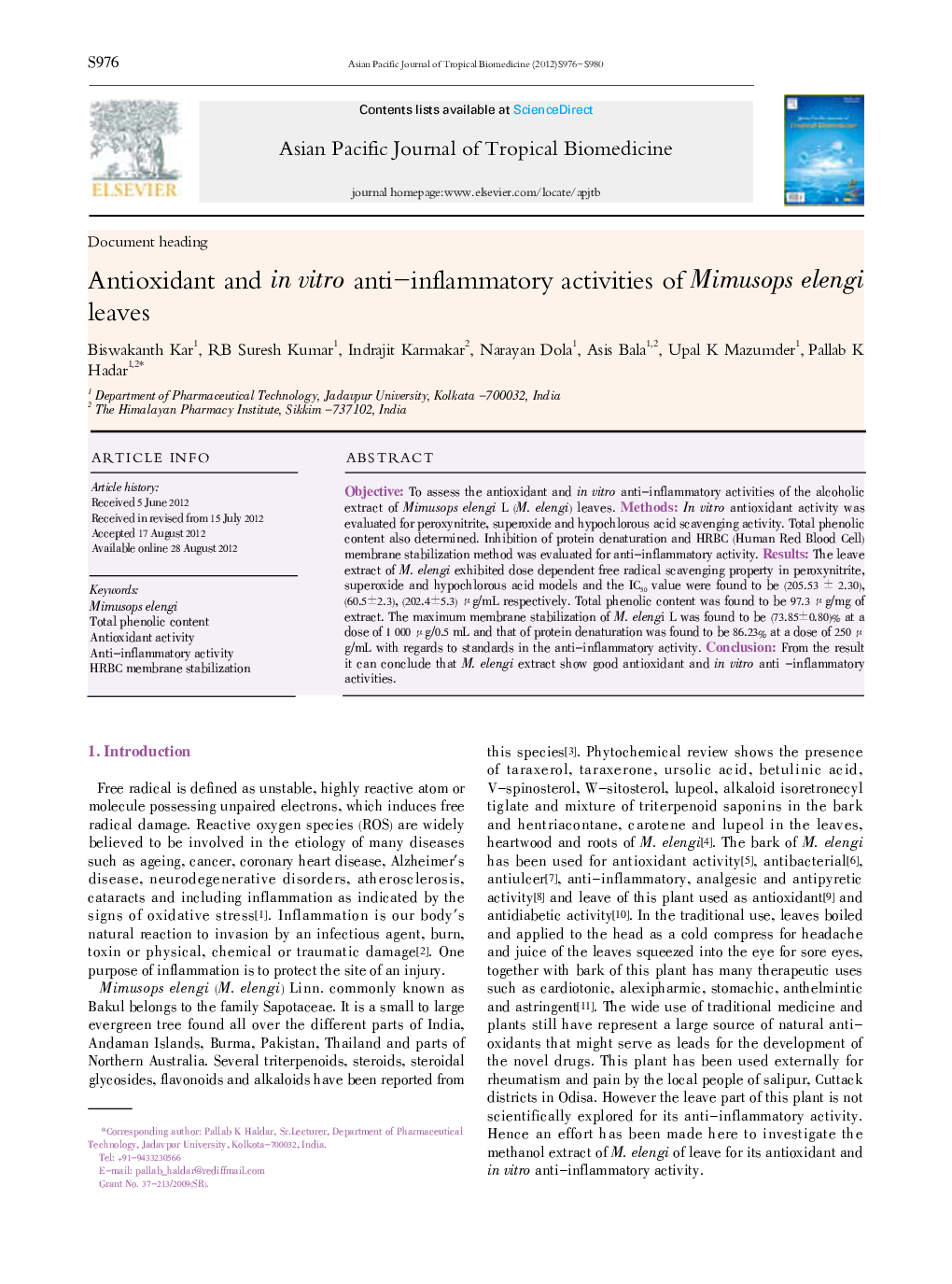 Antioxidant and in vitro anti-inflammatory activities of Mimusops elengi leaves