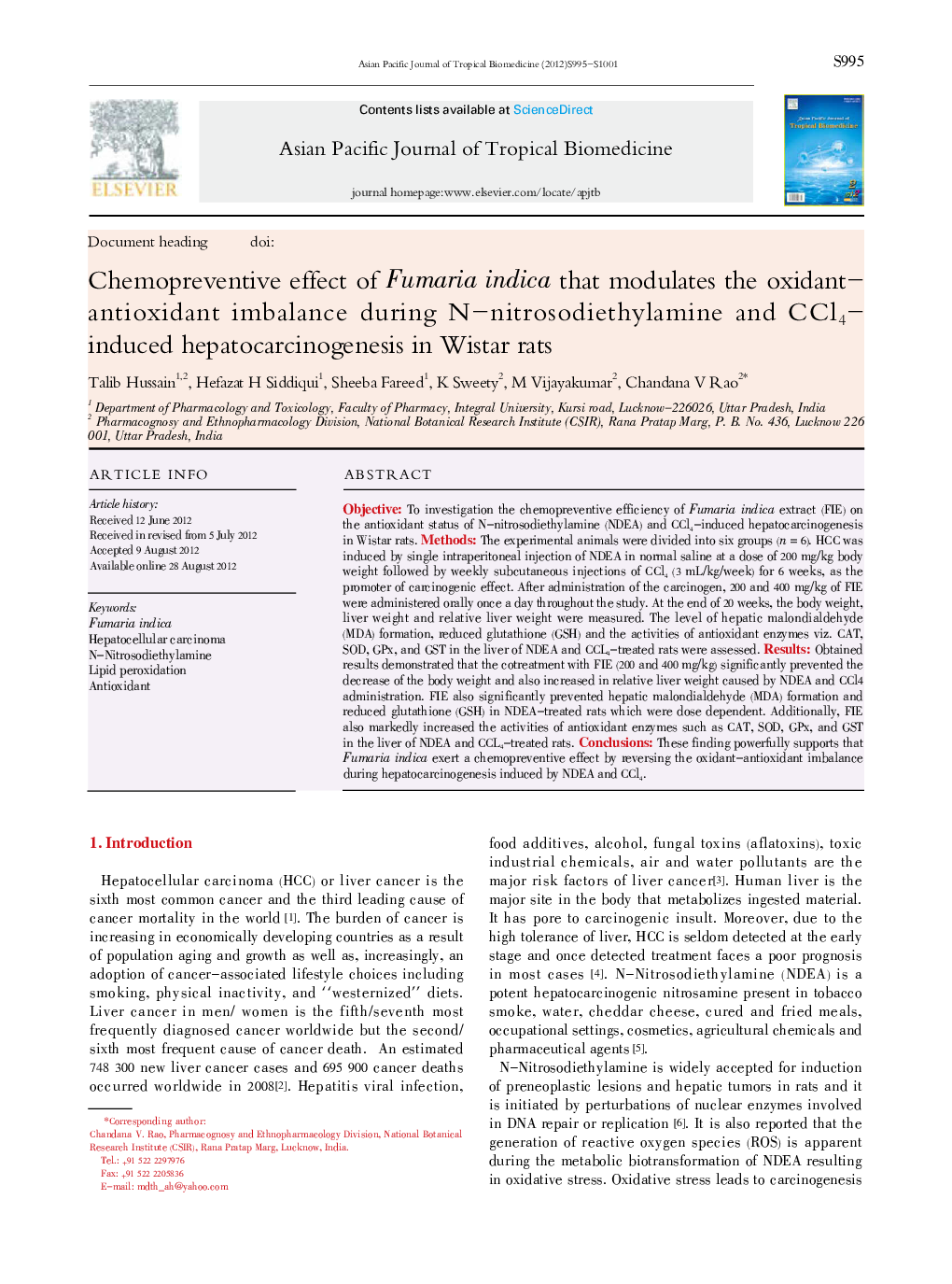 Chemopreventive effect of Fumaria indica that modulates the oxidant-antioxidant imbalance during N-nitrosodiethylamine and CC14-induced hepatocarcinogenesis in Wistar rats