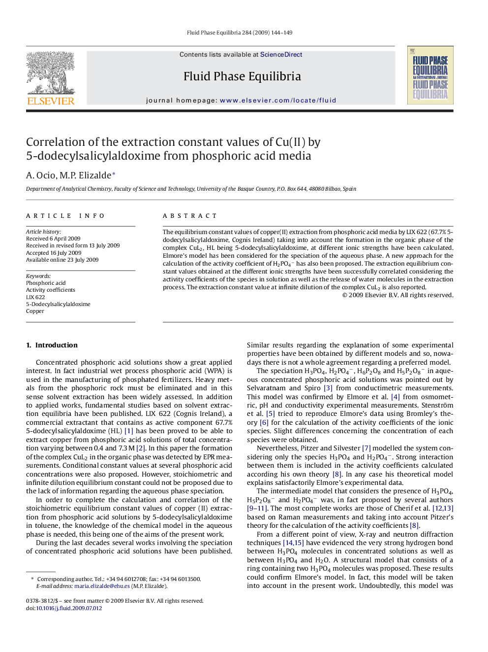 Correlation of the extraction constant values of Cu(II) by 5-dodecylsalicylaldoxime from phosphoric acid media