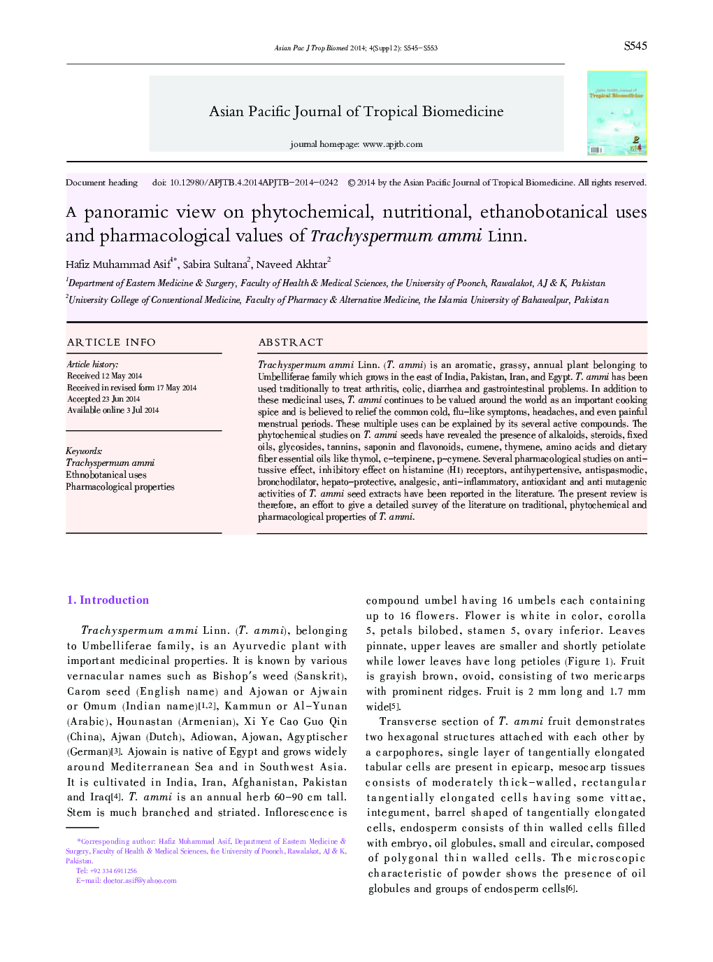 A panoramic view on phytochemical, nutritional, ethanobotanical uses and pharmacological values of Trachyspermum ammi Linn. 