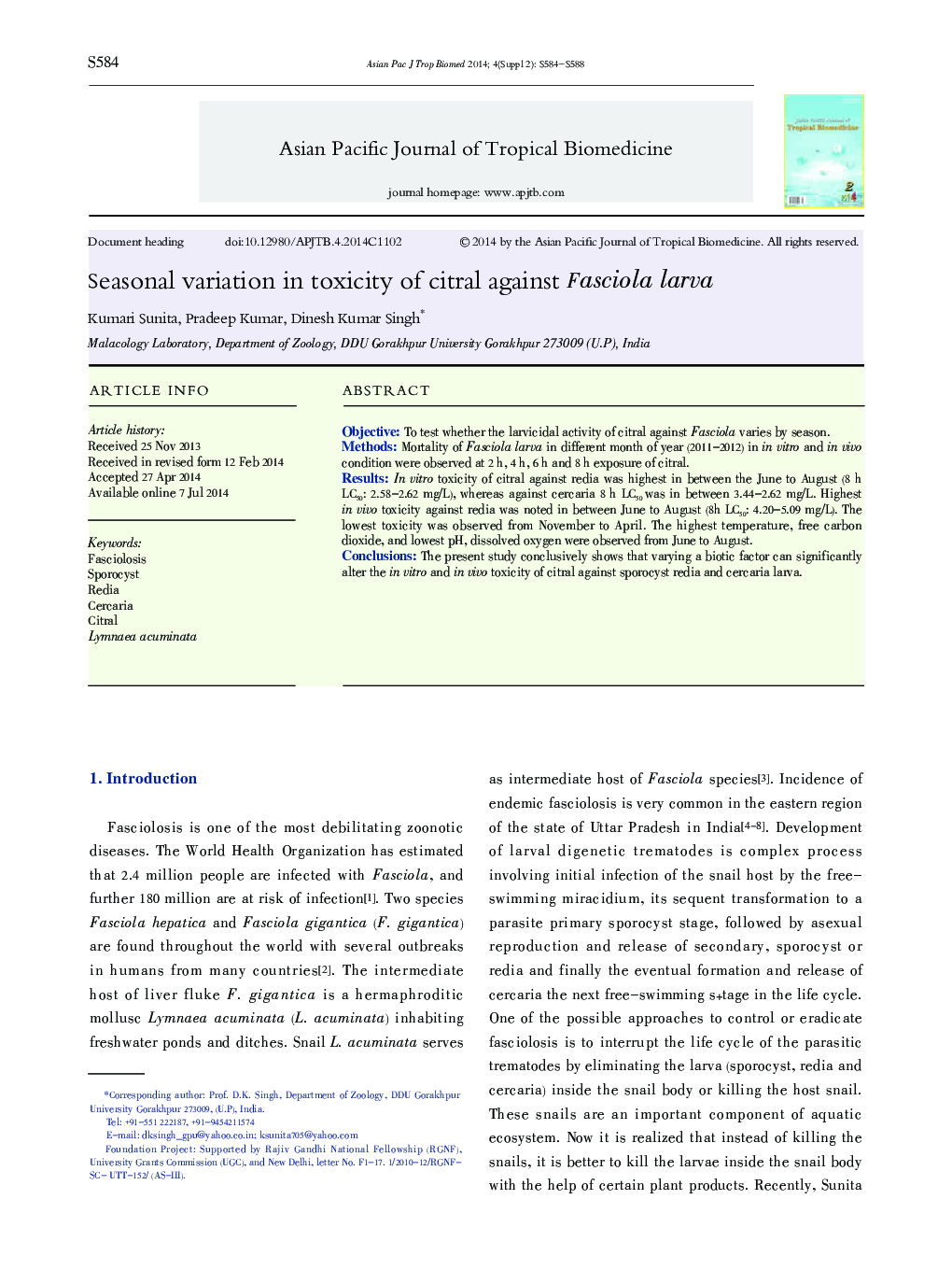 Seasonal variation in toxicity of citral against Fasciola larva 