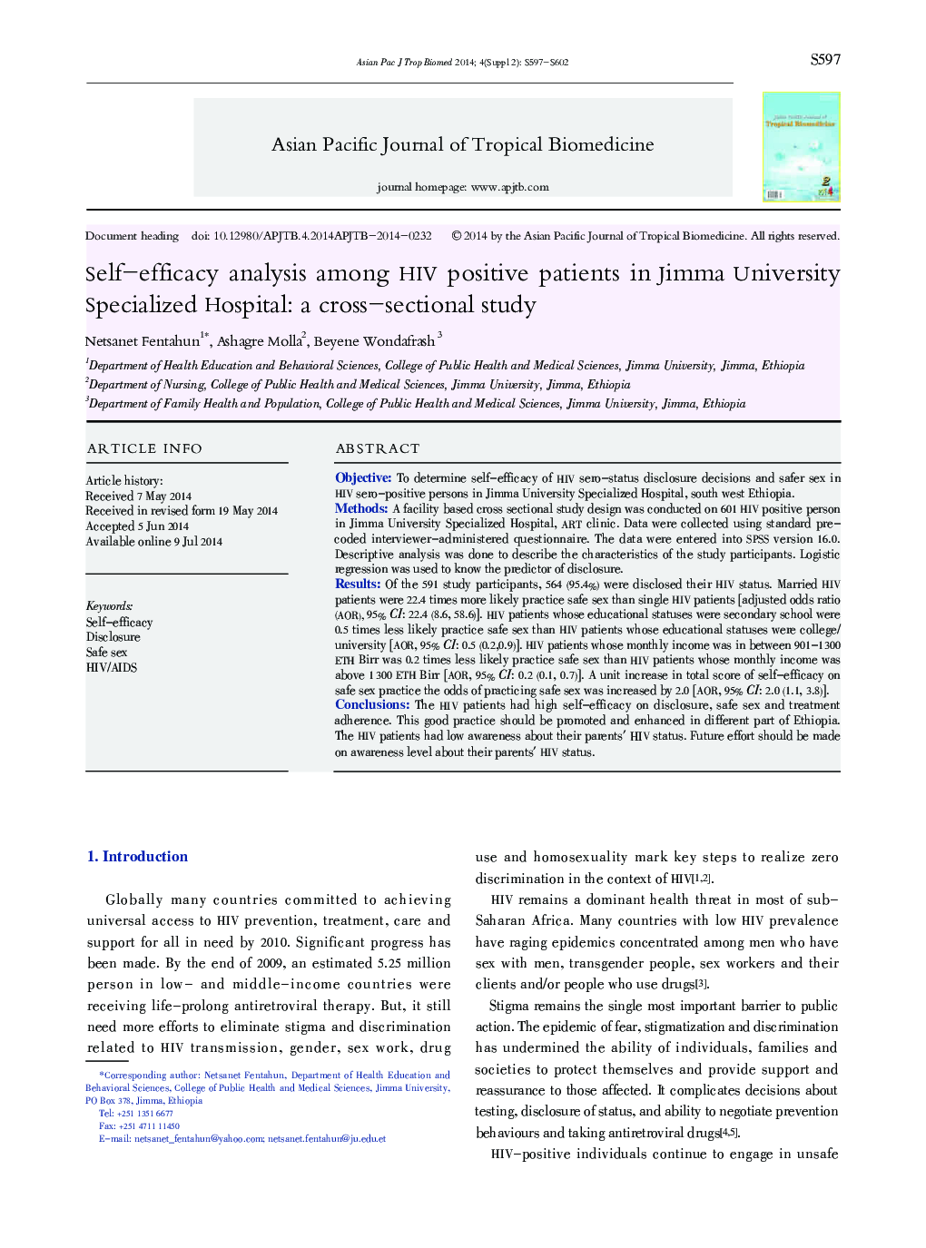 Self-efficacy analysis among HIV positive patients in Jimma University Specialized Hospital: a cross-sectional study 