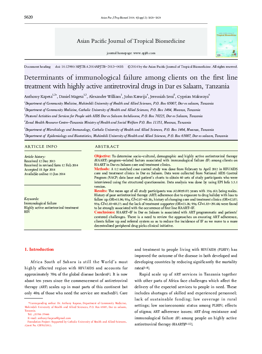 Determinants of immunological failure among clients on the first line treatment with highly active antiretroviral drugs in Dar es Salaam, Tanzania 