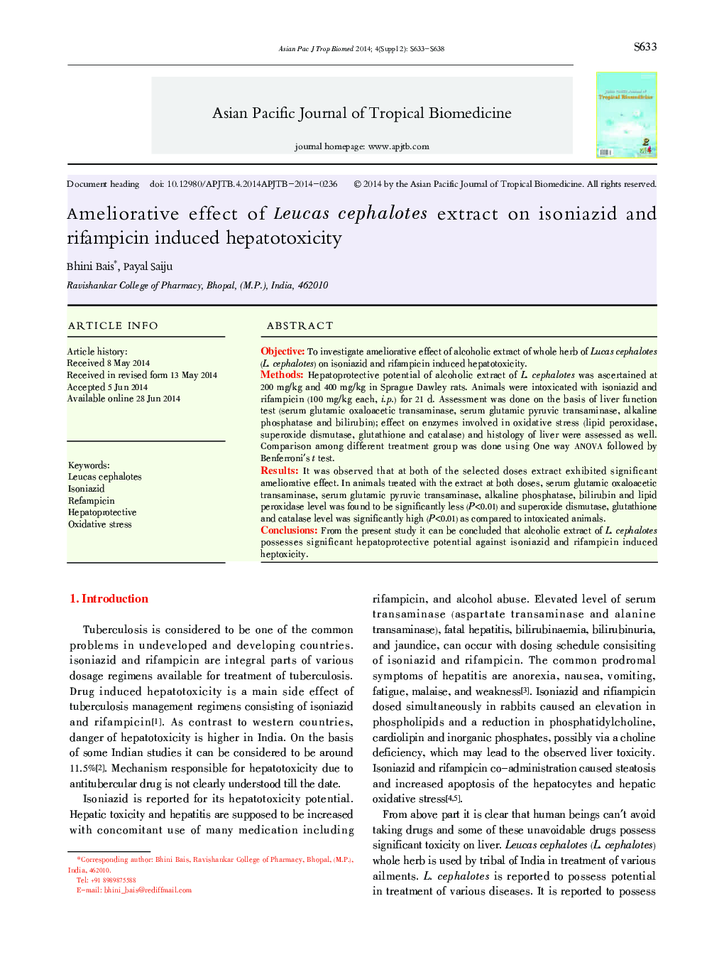 Ameliorative effect of Leucas cephalotes extract on isoniazid and rifampicin induced hepatotoxicity 