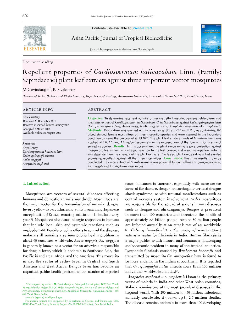 Repellent properties of Cardiospermum halicacabum Linn. (Family: Sapindaceae) plant leaf extracts against three important vector mosquitoes