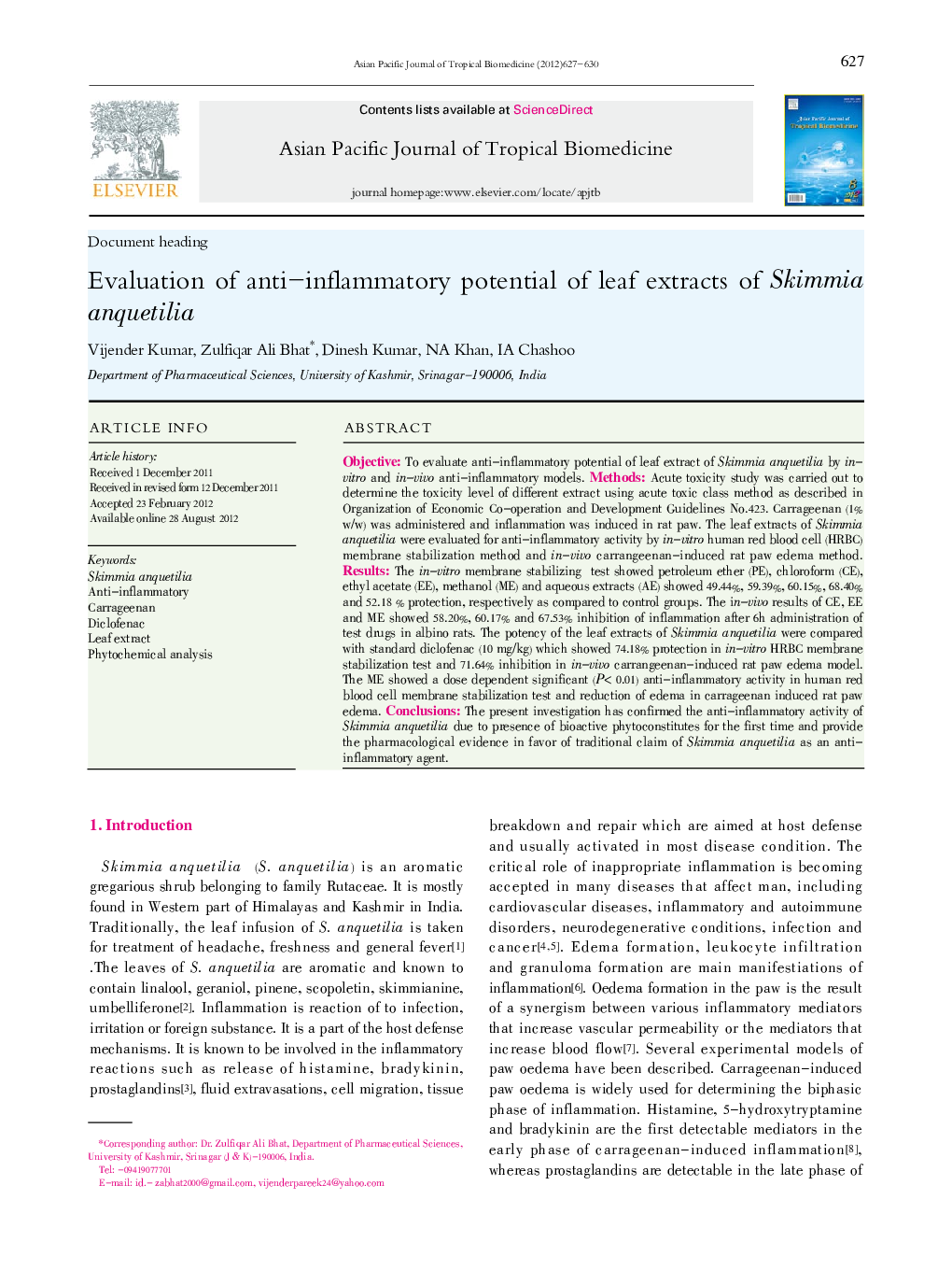 Evaluation of anti-inflammatory potential of leaf extracts of Skimmia anquetilia