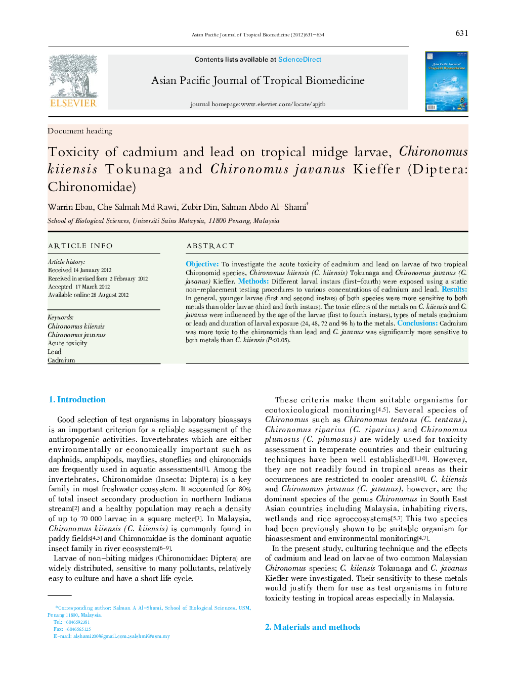 Toxicity of cadmium and lead on tropical midge larvae, Chironomus kiiensis Tokunaga and Chironomus javanus Kieffer (Diptera: Chironomidae)