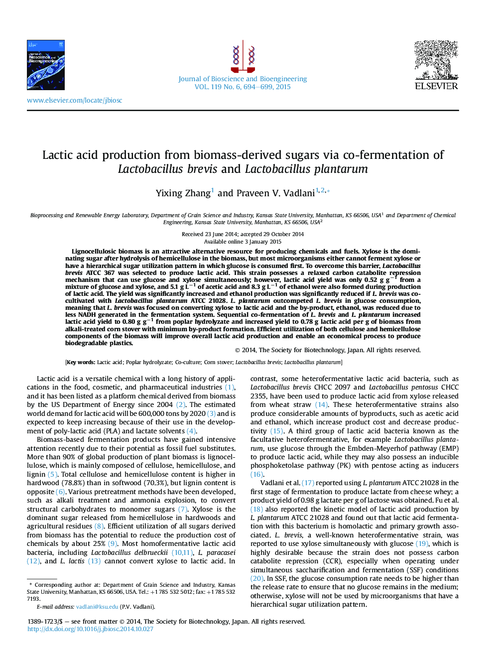 Lactic acid production from biomass-derived sugars via co-fermentation of Lactobacillus brevis and Lactobacillus plantarum