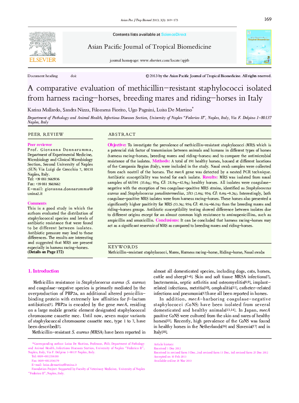 A comparative evaluation of methicillin-resistant staphylococci isolated from harness racing-horses, breeding mares and riding-horses in Italy