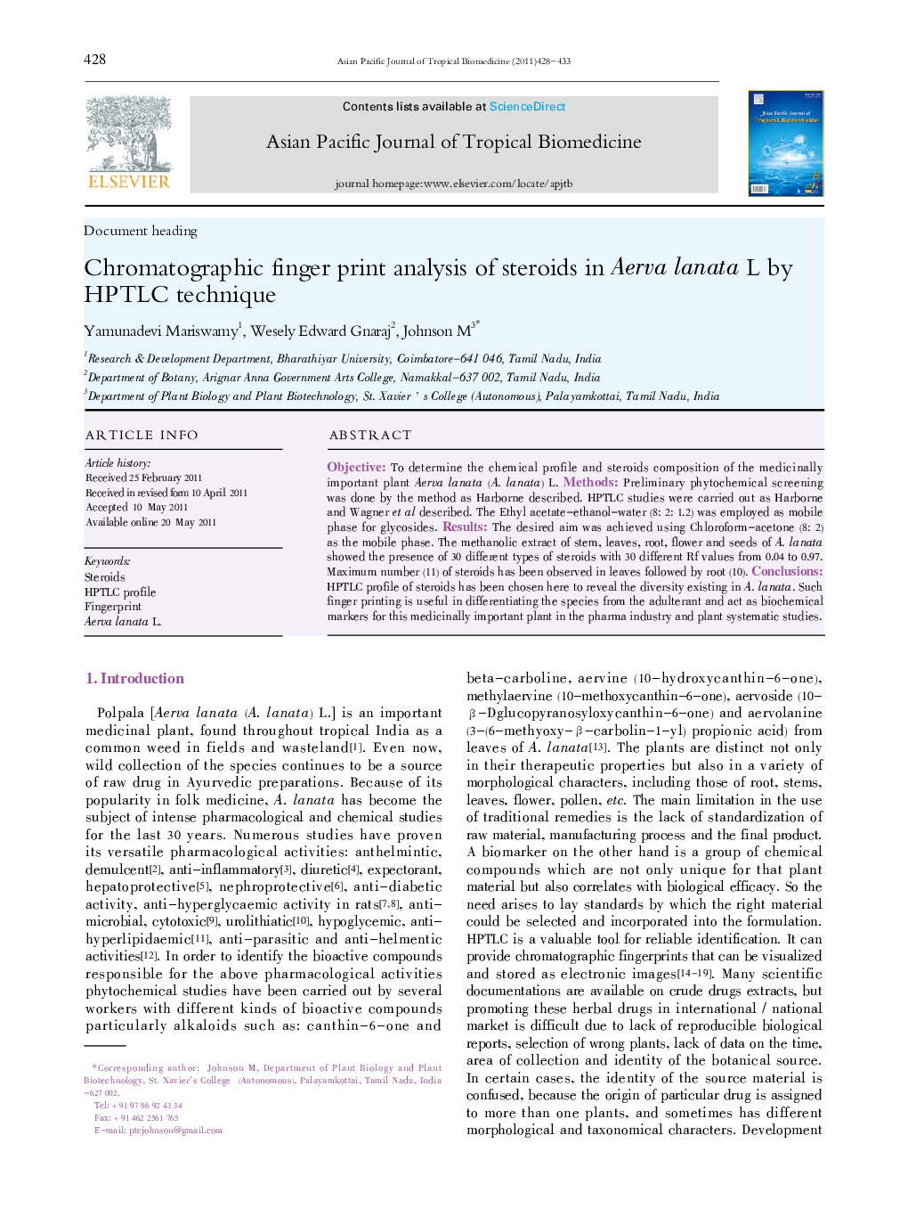 Chromatographic finger print analysis of steroids in Aerva lanata L by HPTLC technique