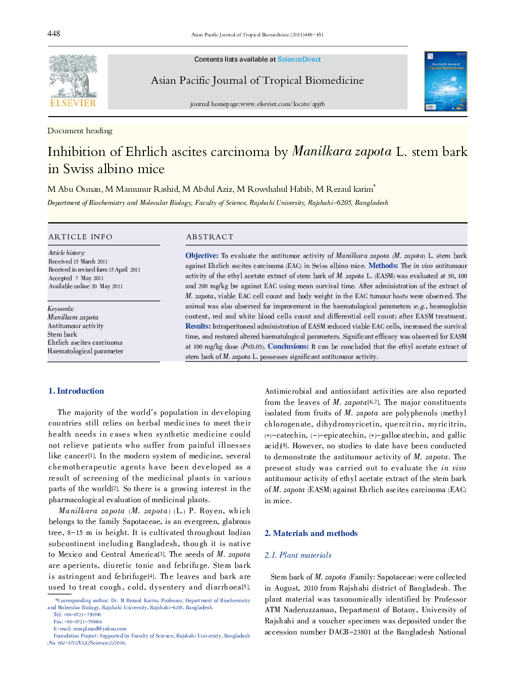 Inhibition of Ehrlich ascites carcinoma by Manilkara zapota L. stem bark in Swiss albino mice