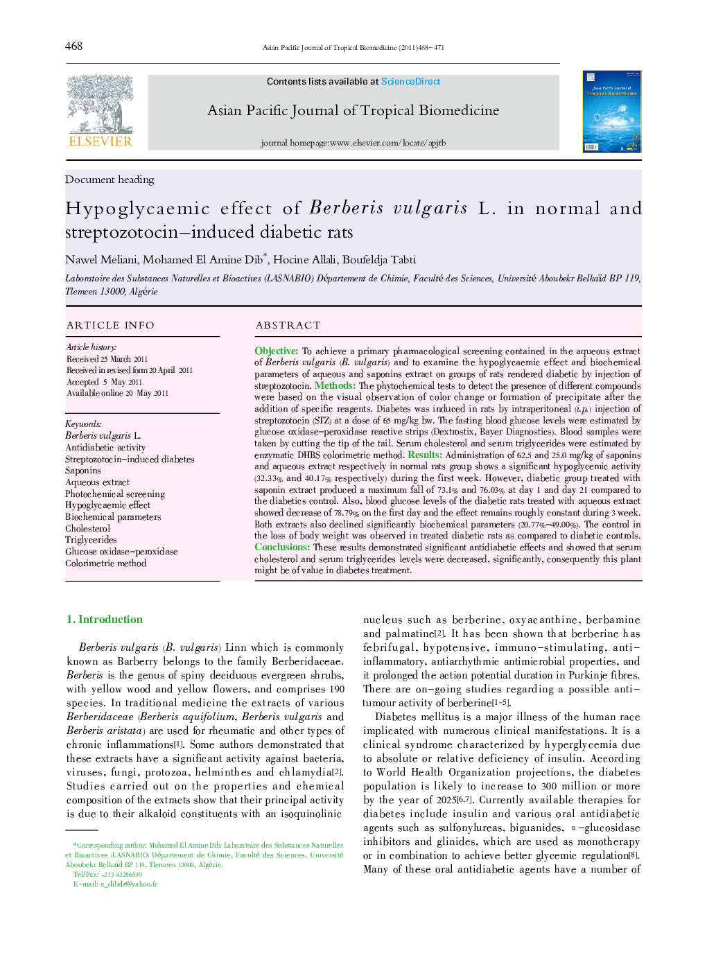 Hypoglycaemic effect of Berberis vulgaris L. in normal and streptozotocin-induced diabetic rats