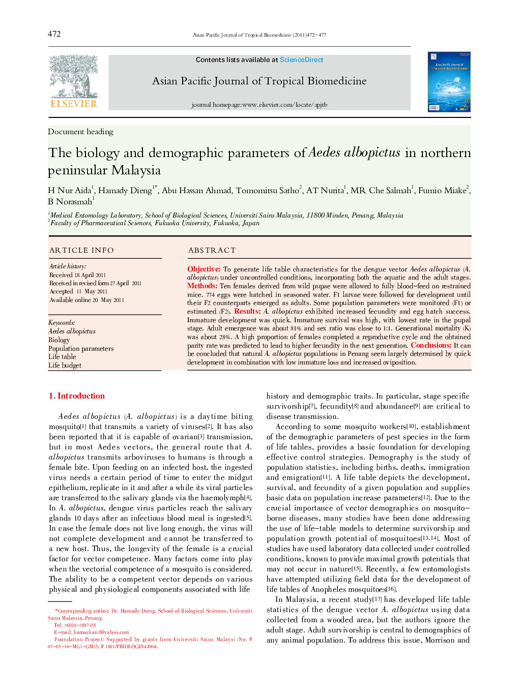 The biology and demographic parameters of Aedes albopictus in northern peninsular Malaysia