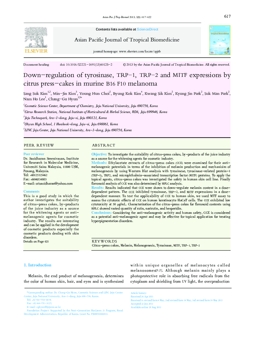 عکس صفحه اول مقاله: Down-regulation of tyrosinase, TRP-1, TRP-2 and MITF expressions by citrus press-cakes in murine B16 F10 melanoma Down-regulation of tyrosinase, TRP-1, TRP-2 and MITF expressions by citrus press-cakes in murine B16 F10 melanoma