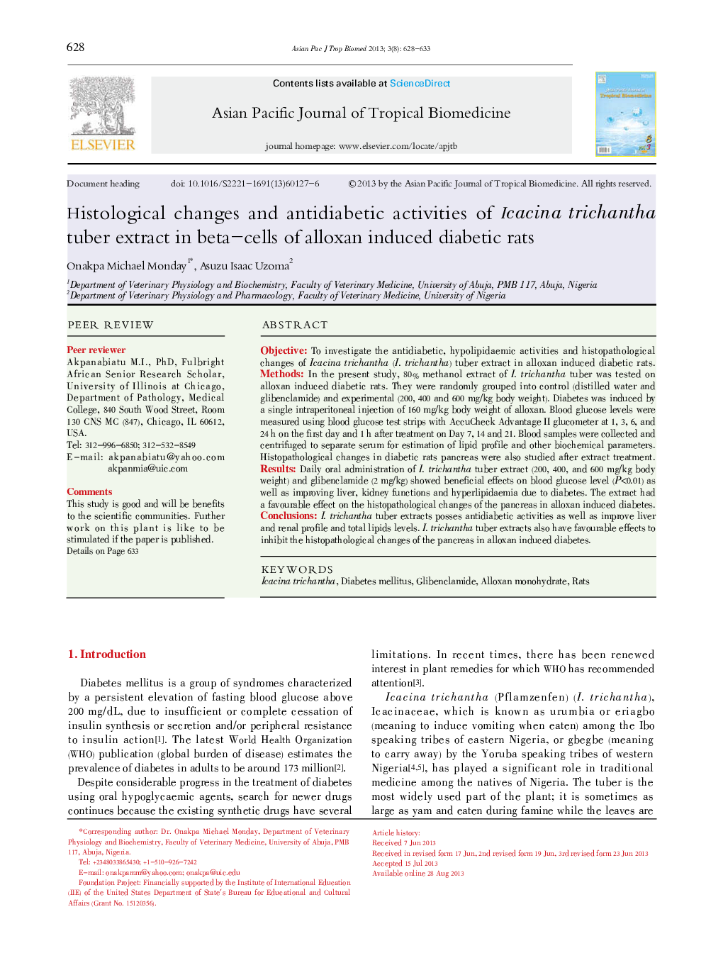 Histological changes and antidiabetic activities of Icacina trichantha tuber extract in beta-cells of alloxan induced diabetic rats