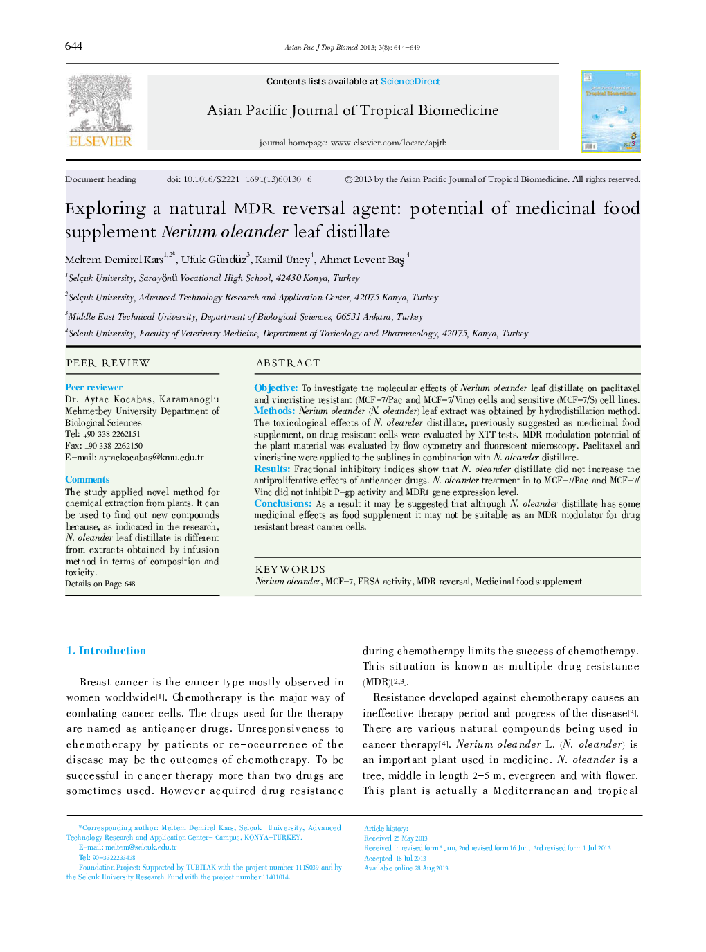 Exploring a natural MDR reversal agent: potential of medicinal food supplement Nerium oleander leaf distillate