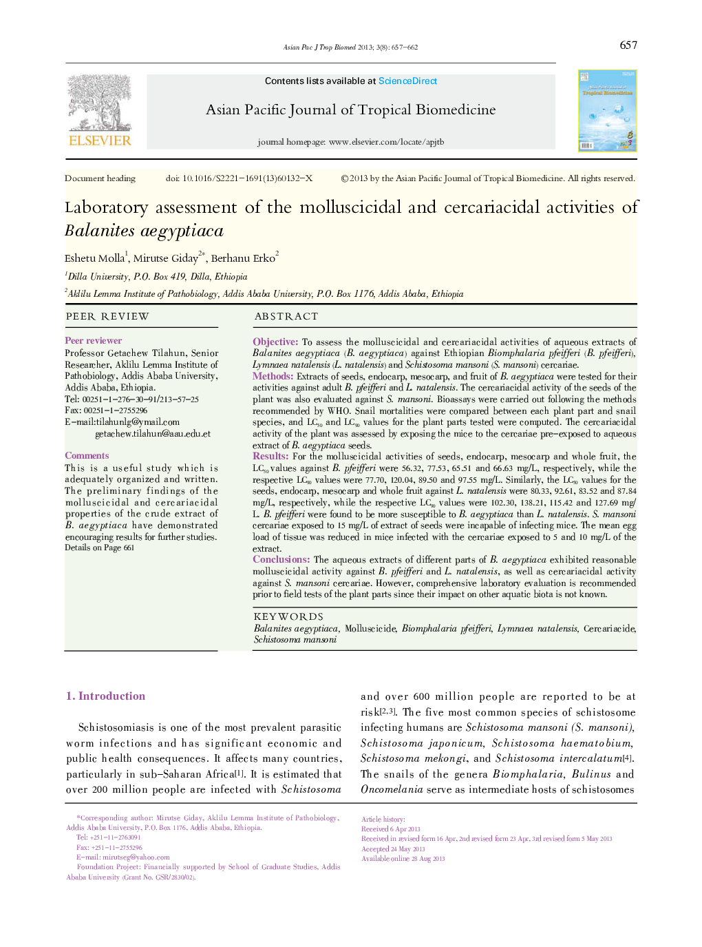 عکس صفحه اول مقاله: Laboratory assessment of the molluscicidal and cercariacidal activities of Balanites aegyptiaca Laboratory assessment of the molluscicidal and cercariacidal activities of Balanites aegyptiaca