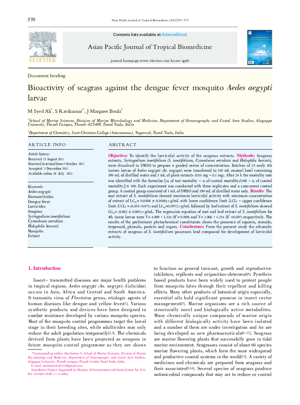 Bioactivity of seagrass against the dengue fever mosquito Aedes aegypti larvae