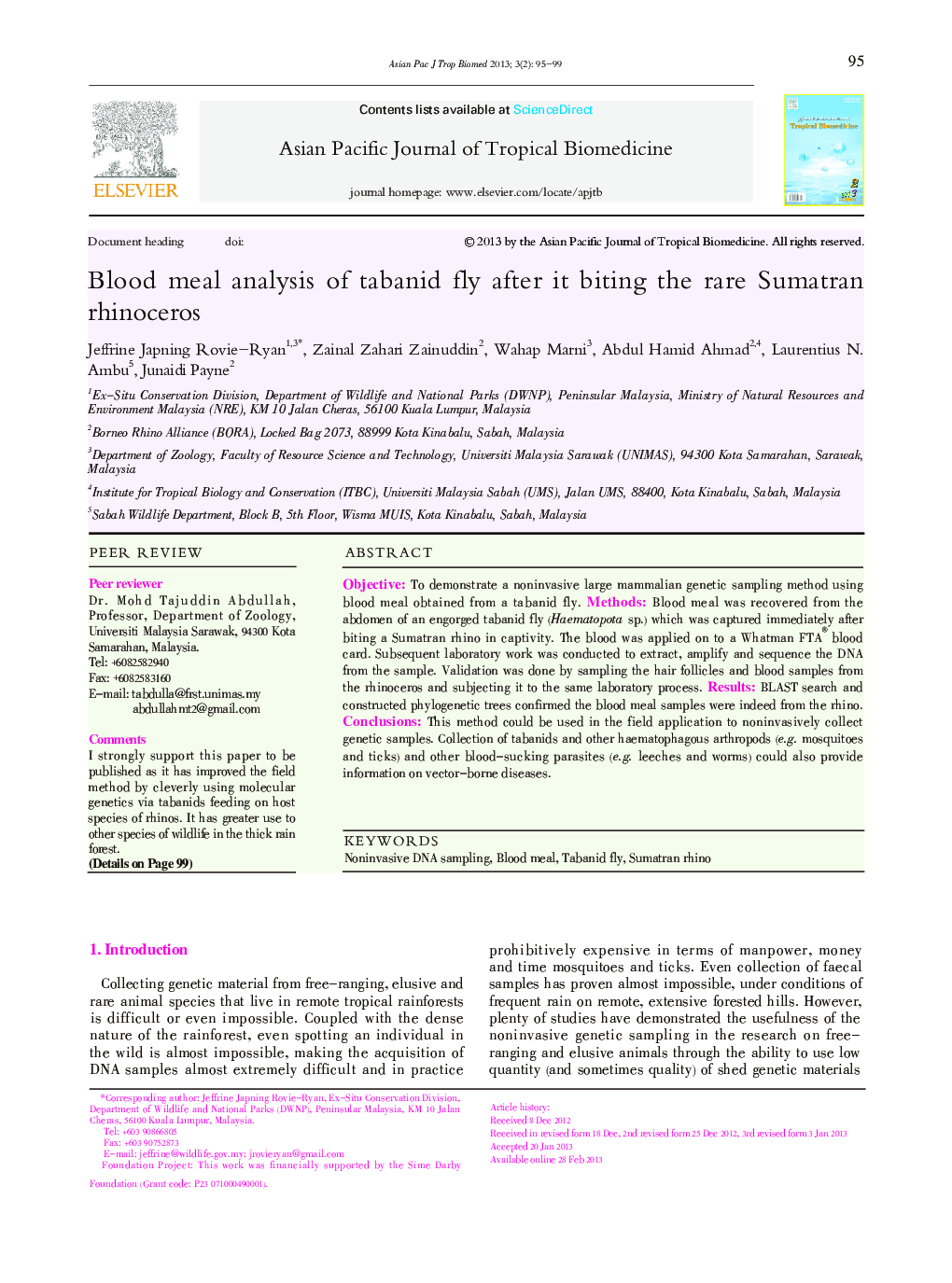 Blood meal analysis of tabanid fly after it biting the rare Sumatran rhinoceros