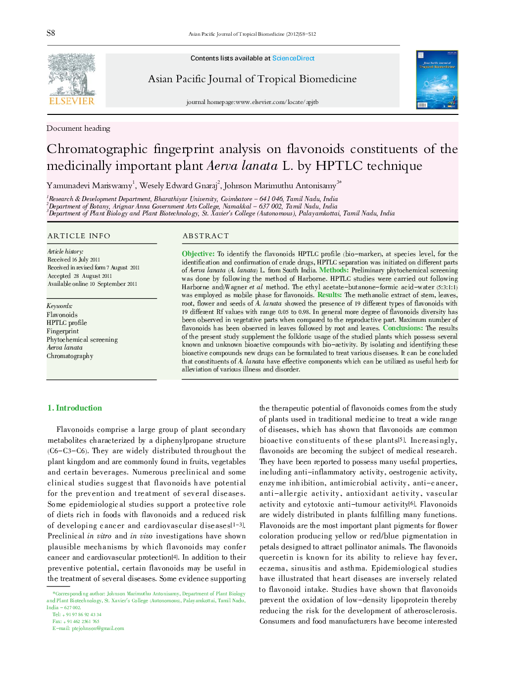 Chromatographic fingerprint analysis on flavonoids constituents of the medicinally important plant Aerva lanata L. by HPTLC technique