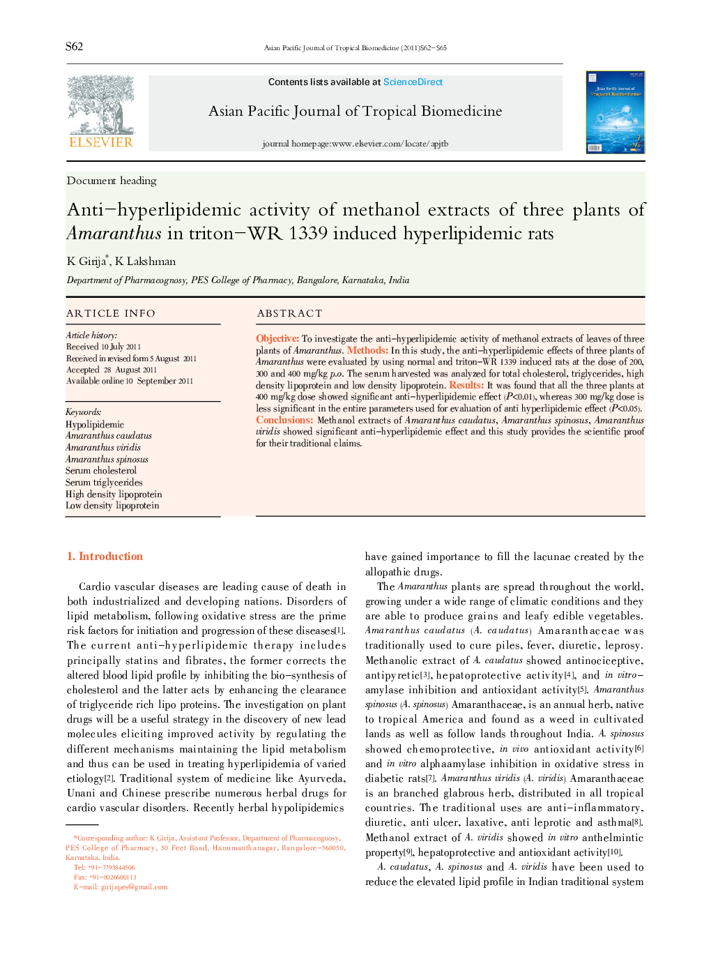 Anti-hyperlipidemic activity of methanol extracts of three plants of Amaranthus in triton-WR 1339 induced hyperlipidemic rats