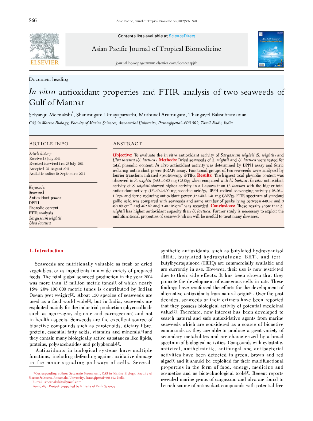 In vitro antioxidant properties and FTIR analysis of two seaweeds of Gulf of Mannar