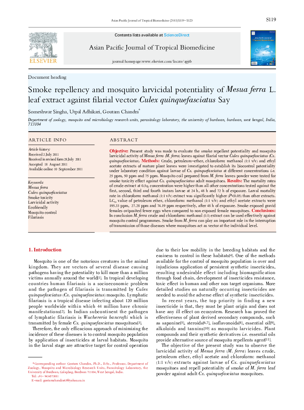 Smoke repellency and mosquito larvicidal potentiality of Mesua ferra L. leaf extract against filarial vector Culex quinquefasciatus Say