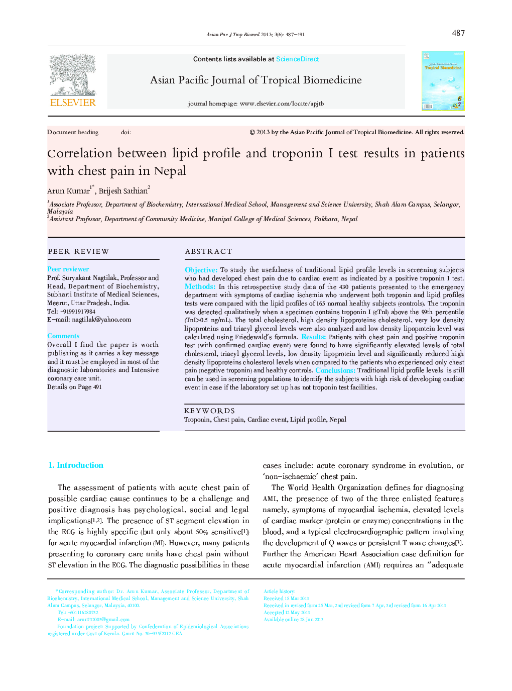 Correlation between lipid profile and troponin I test results in patients with chest pain in Nepal