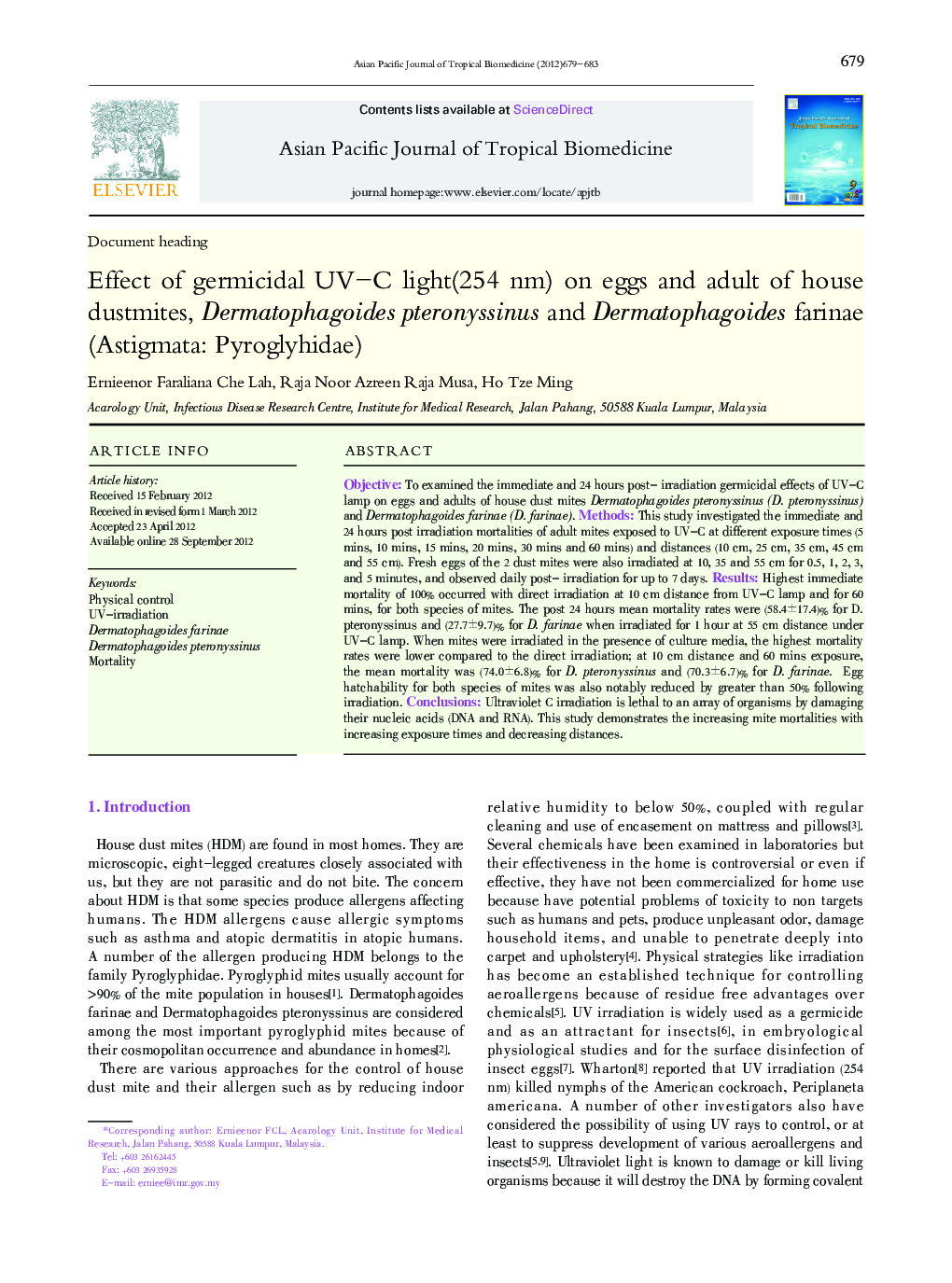 Effect of germicidal UV-C light(254 nm) on eggs and adult of house dustmites, Dermatophagoides pteronyssinus and Dermatophagoides farinae (Astigmata: Pyroglyhidae)