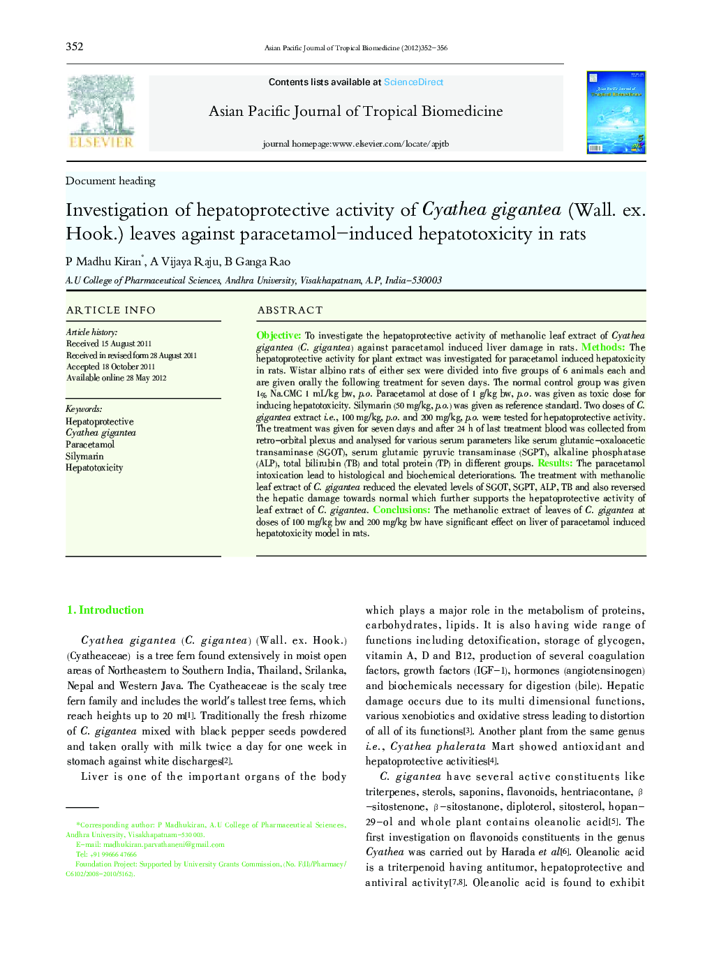 عکس صفحه اول مقاله: Investigation of hepatoprotective activity of Cyathea gigantea (Wall. ex. Hook.) leaves against paracetamol-induced hepatotoxicity in rats Investigation of hepatoprotective activity of Cyathea gigantea (Wall. ex. Hook.) leaves against paracetamol-induced hepatotoxicity in rats