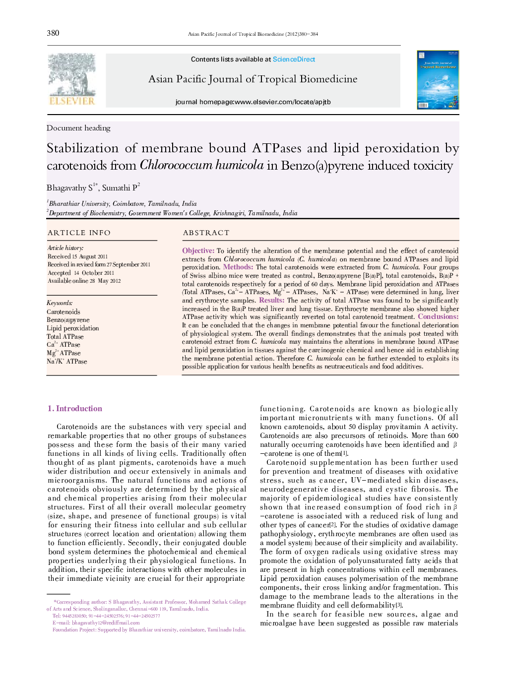 Stabilization of membrane bound ATPases and lipid peroxidation by carotenoids from Chlorococcum humicola in Benzo(a)pyrene induced toxicity