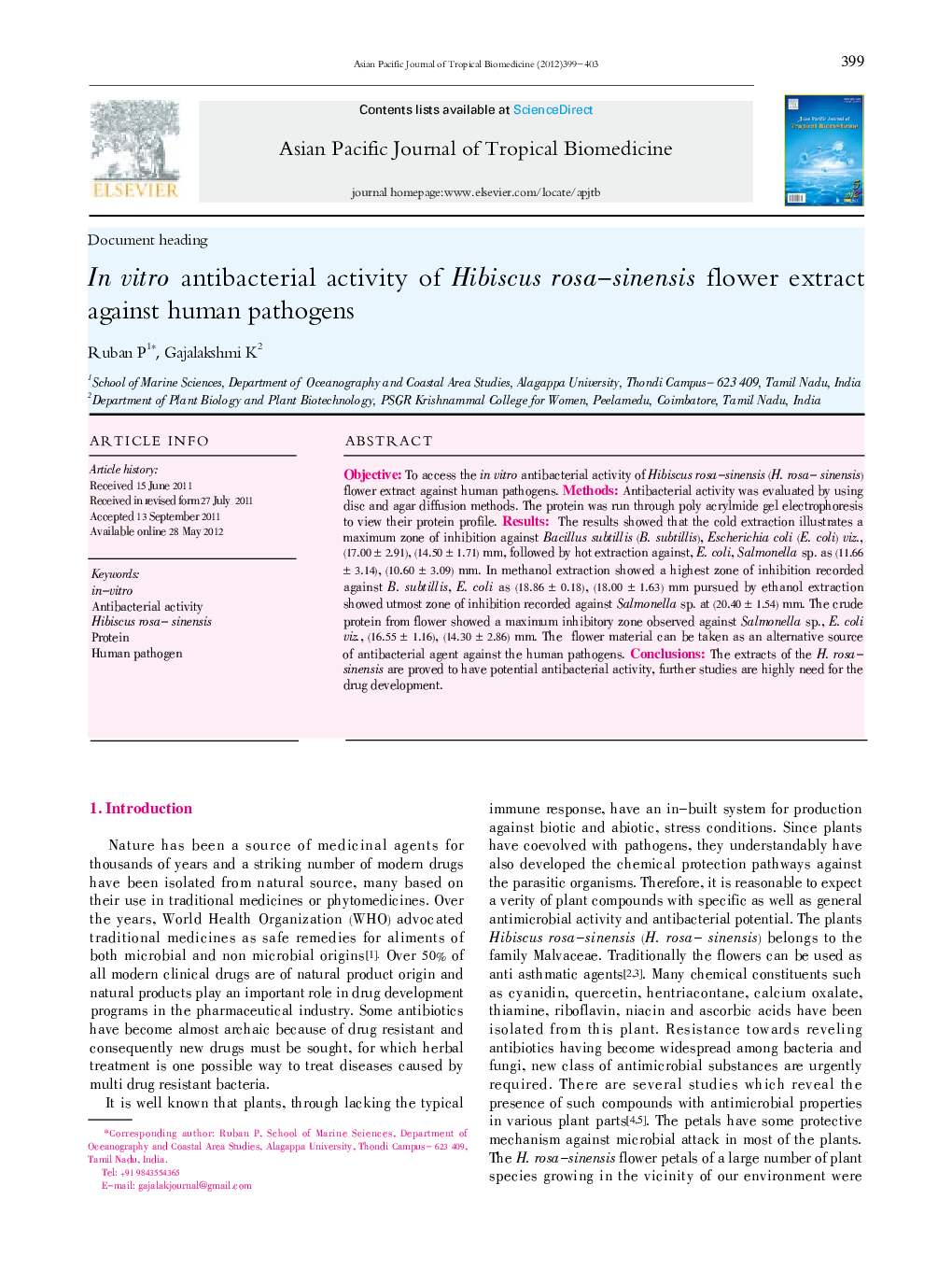 In vitro antibacterial activity of Hibiscus rosa-sinensis flower extract against human pathogens