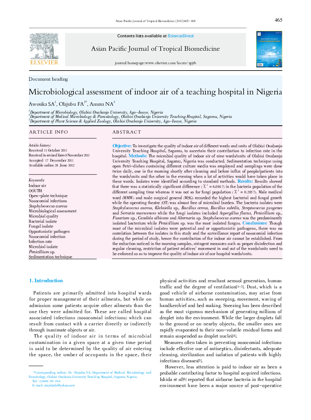 Microbiological assessment of indoor air of a teaching hospital in Nigeria