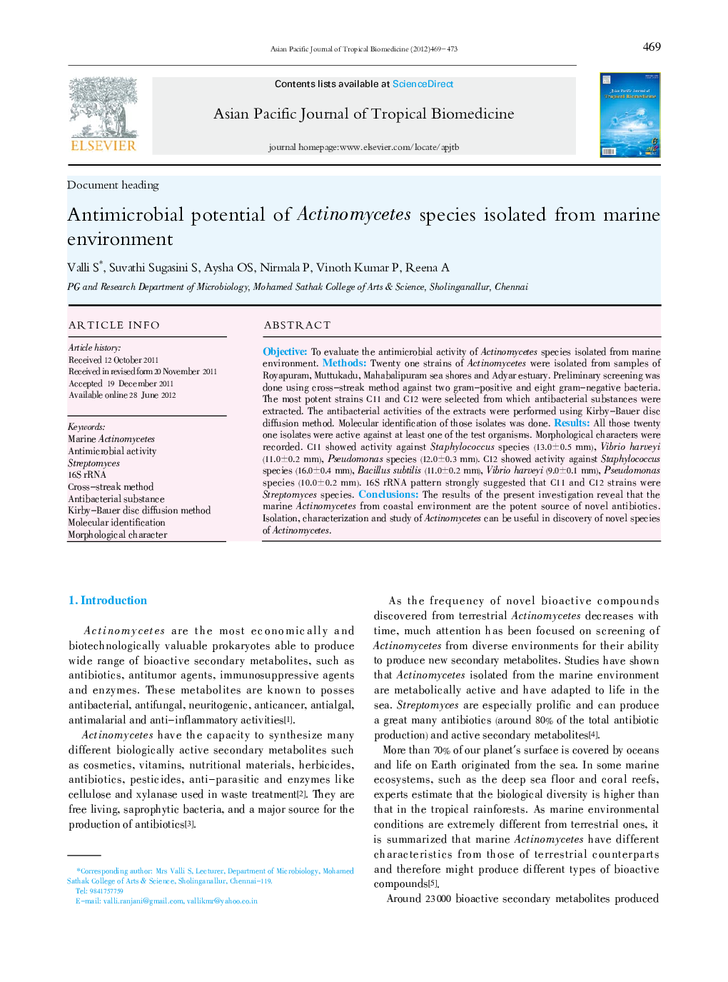Antimicrobial potential of Actinomycetes species isolated from marine environment