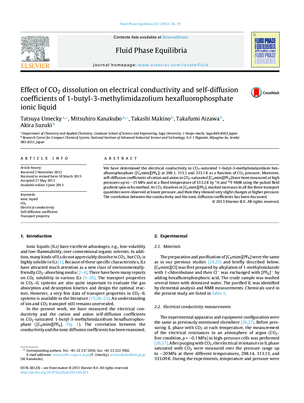 Effect of CO2 dissolution on electrical conductivity and self-diffusion coefficients of 1-butyl-3-methylimidazolium hexafluorophosphate ionic liquid