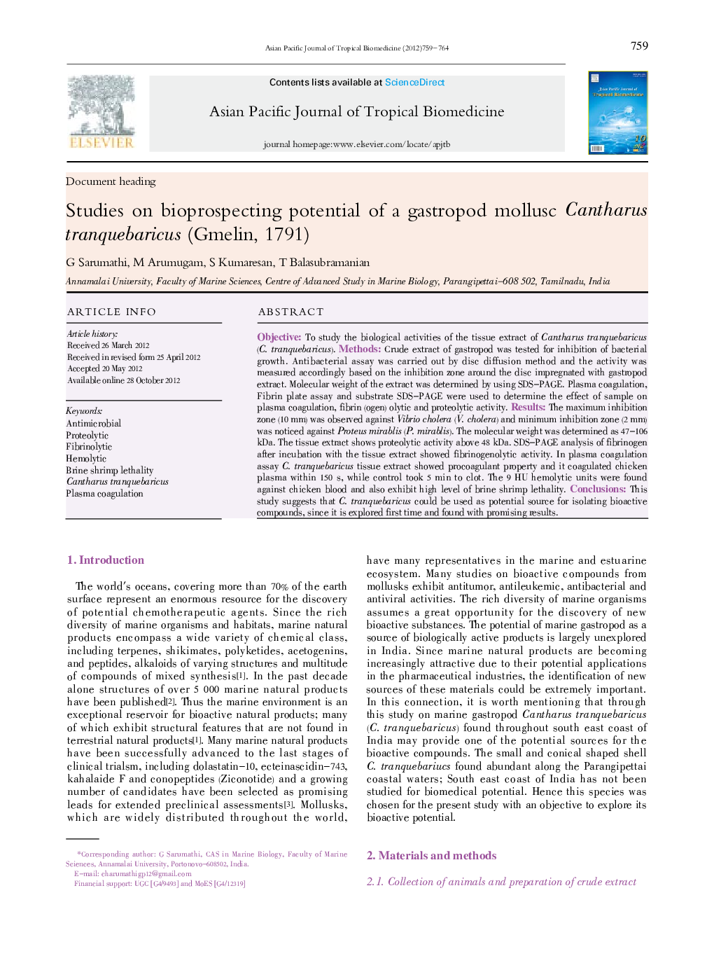 Studies on bioprospecting potential of a gastropod mollusc Cantharus tranquebaricus (Gmelin, 1791)