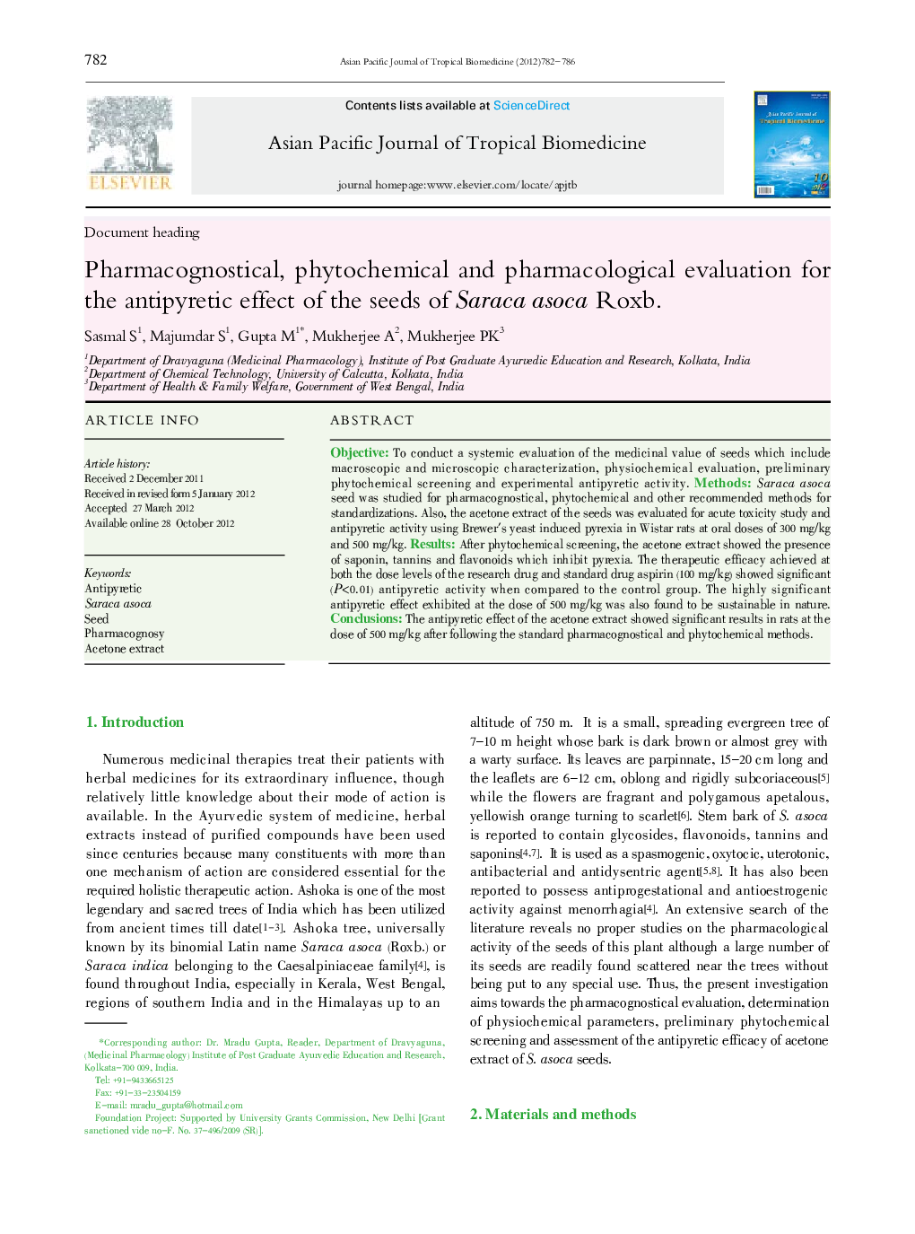 Pharmacognostical, phytochemical and pharmacological evaluation for the antipyretic effect of the seeds of Saraca asoca Roxb.