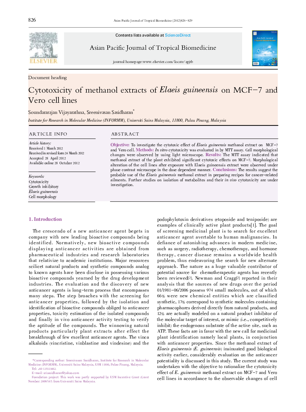 Cytotoxicity of methanol extracts of Elaeis guineensis on MCF-7 and Vero cell lines