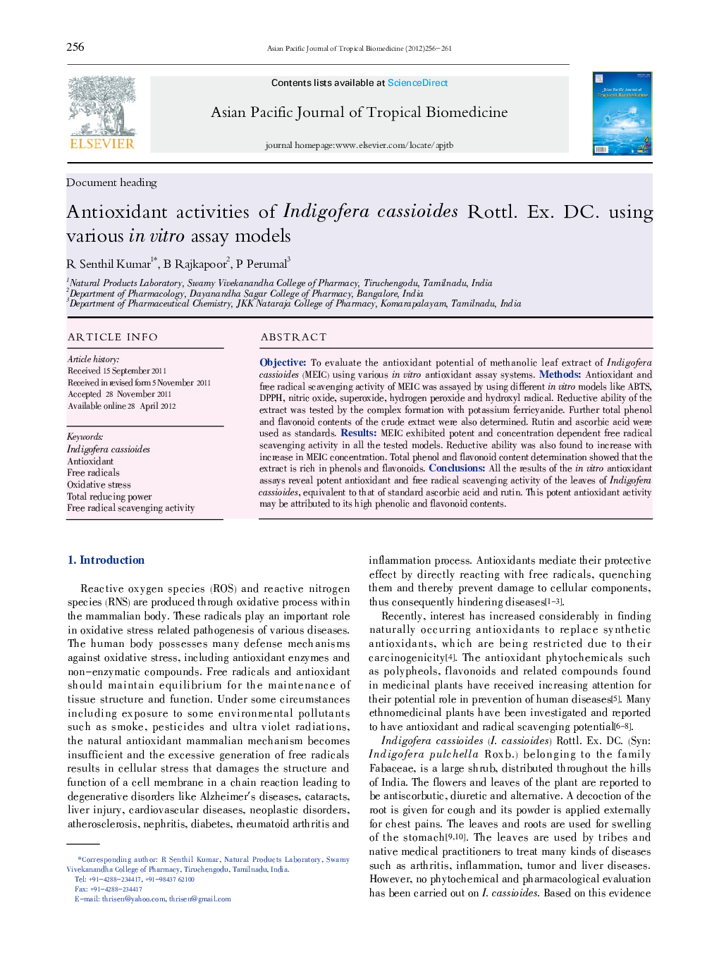 Antioxidant activities of Indigofera cassioides Rottl. Ex. DC. using various in vitro assay models