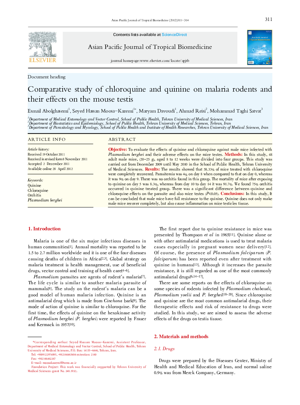 Comparative study of chloroquine and quinine on malaria rodents and their effects on the mouse testis