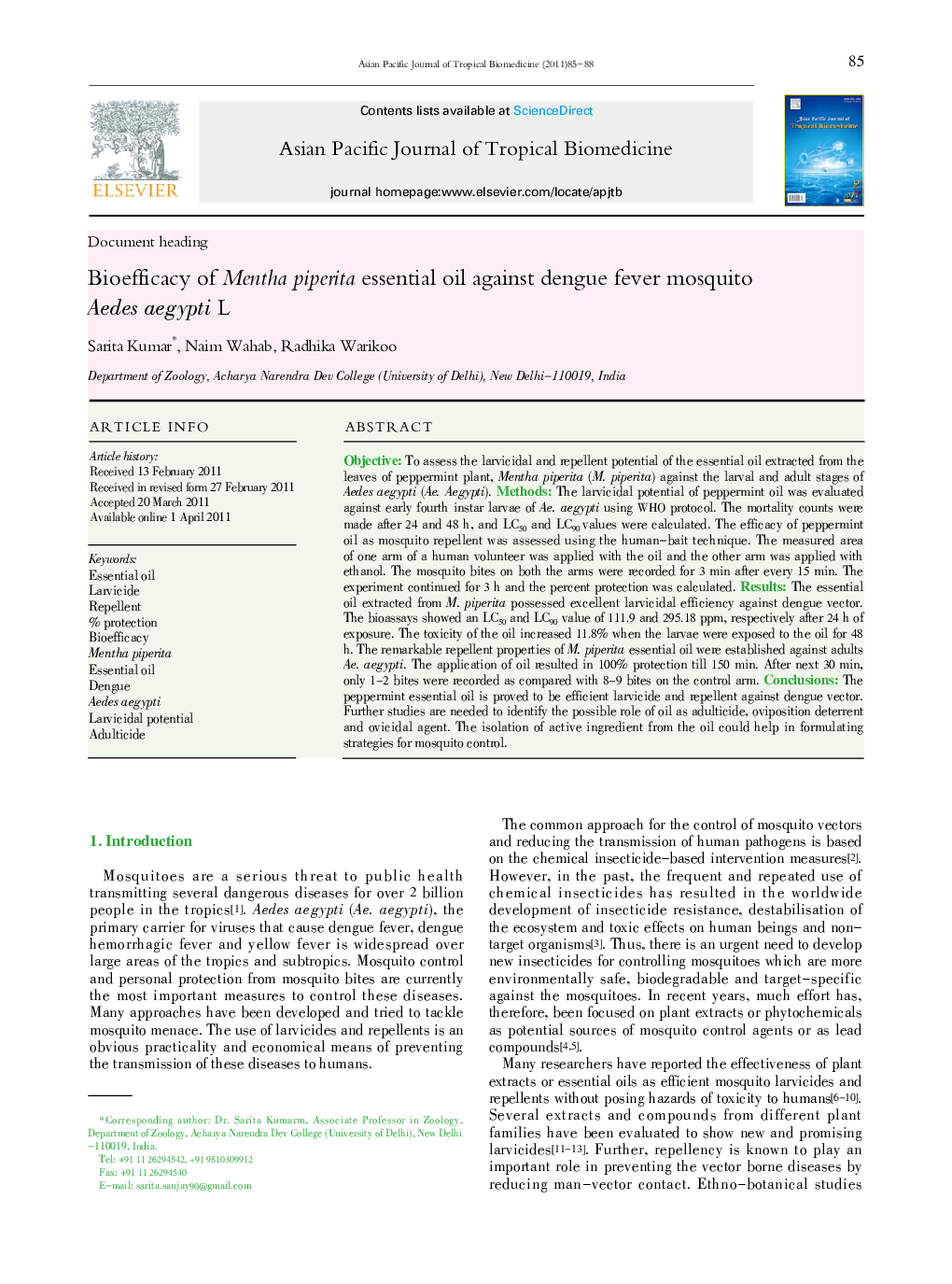 Bioefficacy of Mentha piperita essential oil against dengue fever mosquito Aedes aegypti L