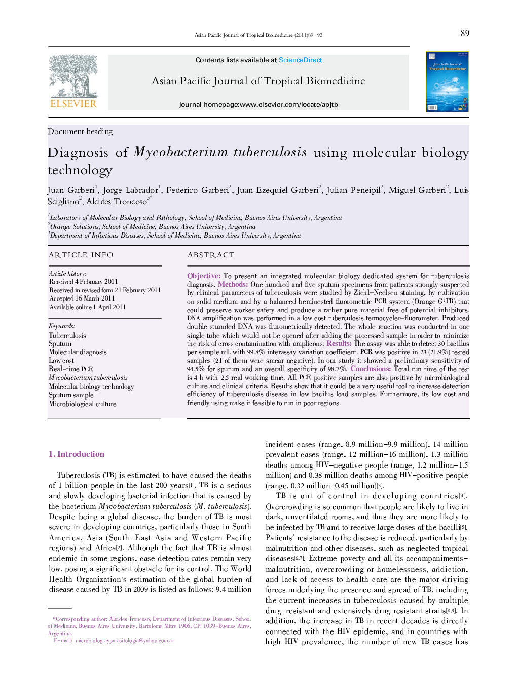 Diagnosis of Mycobacterium tuberculosis using molecular biology technology