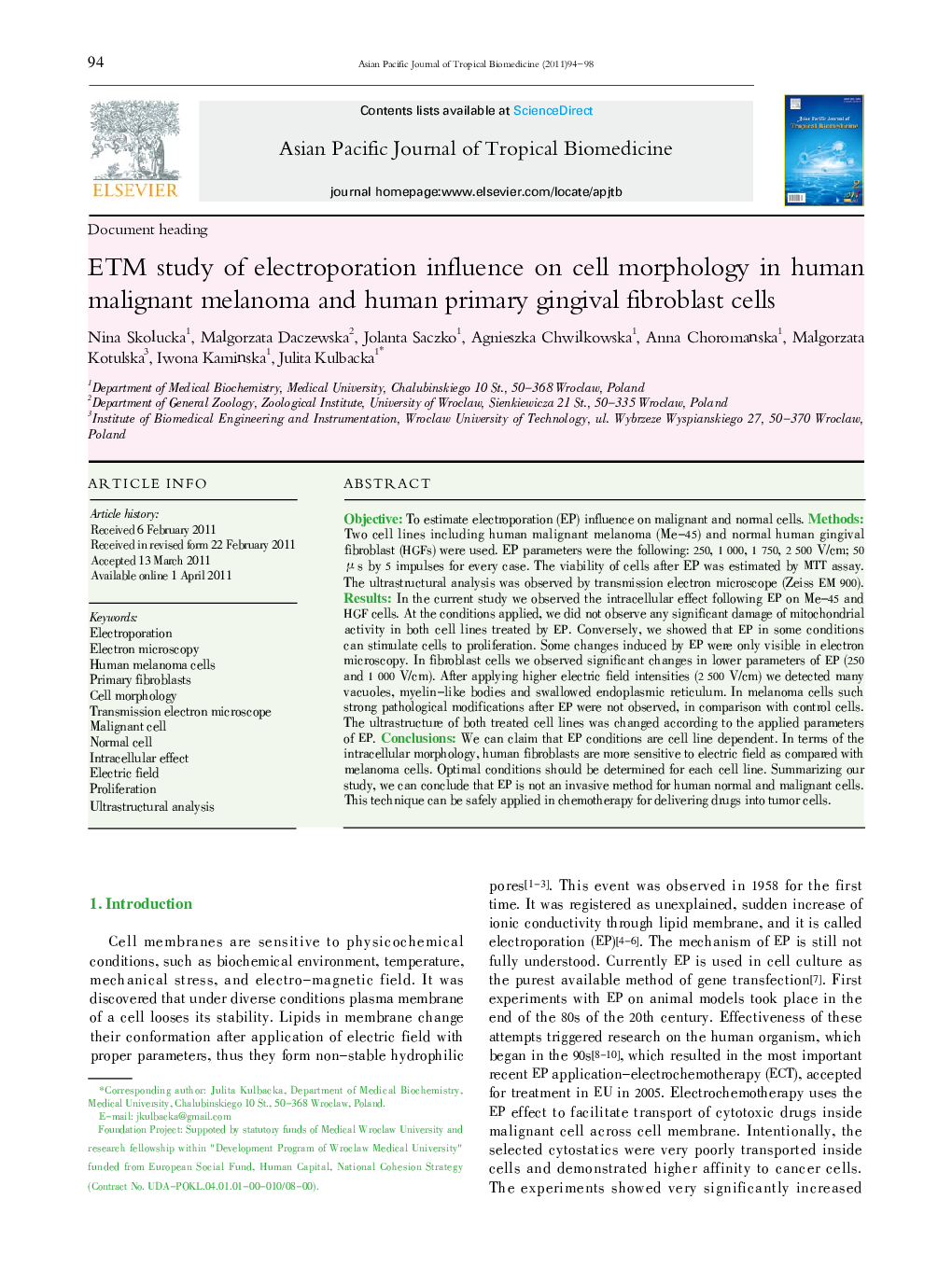 ETM study of electroporation influence on cell morphology in human malignant melanoma and human primary gingival fibroblast cells