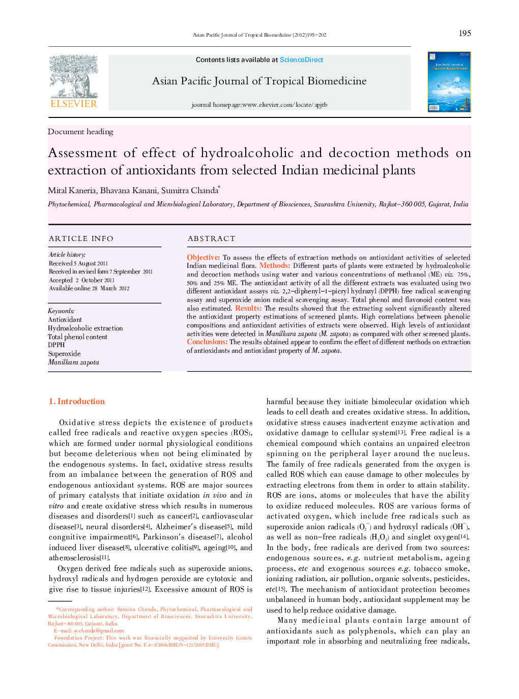 Assessment of effect of hydroalcoholic and decoction methods on extraction of antioxidants from selected Indian medicinal plants