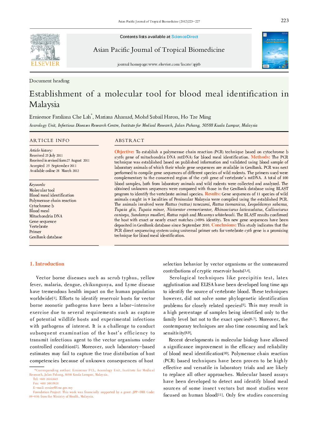 Establishment of a molecular tool for blood meal identification in Malaysia