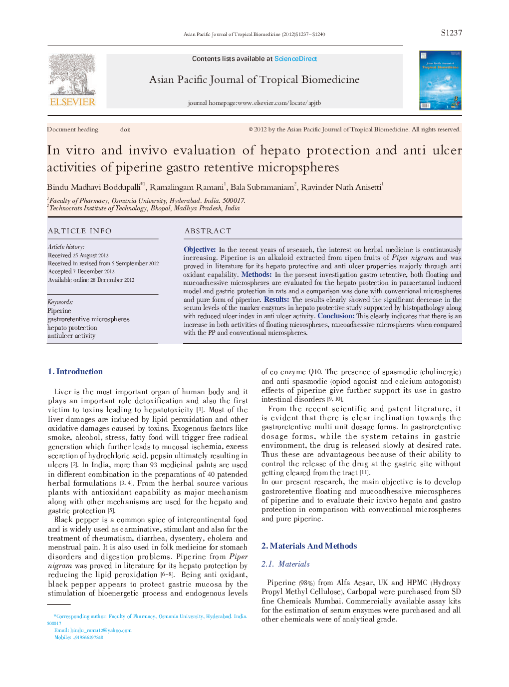 In vitro and invivo evaluation of hepato protection and anti ulcer activities of piperine gastro retentive micropspheres