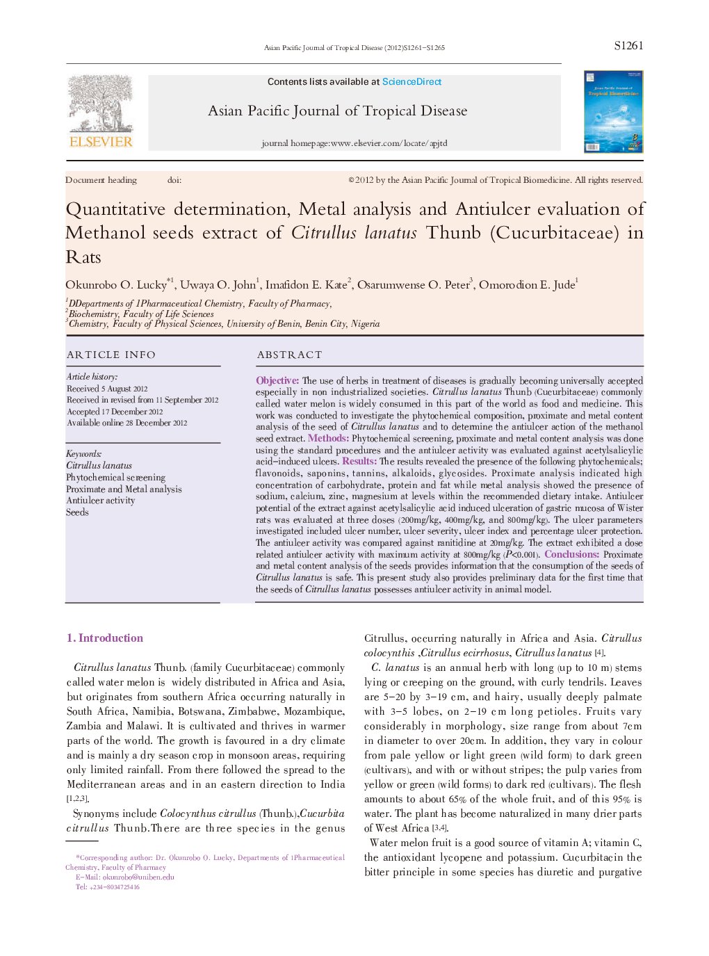 Quantitative determination, Metal analysis and Antiulcer evaluation of Methanol seeds extract of Citrullus lanatus Thunb (Cucurbitaceae) in Rats