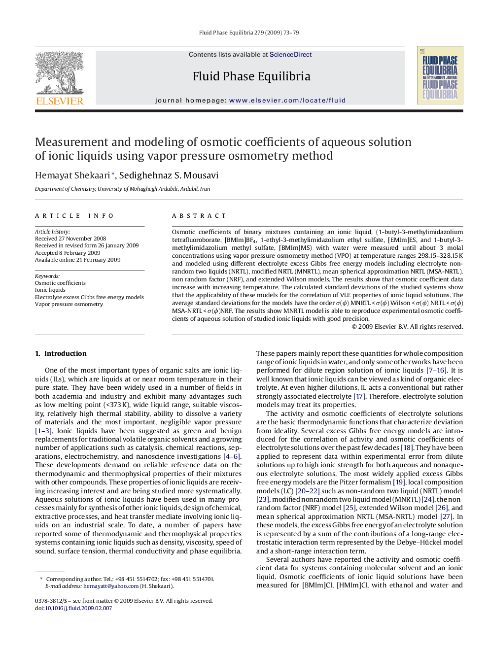 Measurement and modeling of osmotic coefficients of aqueous solution of ionic liquids using vapor pressure osmometry method